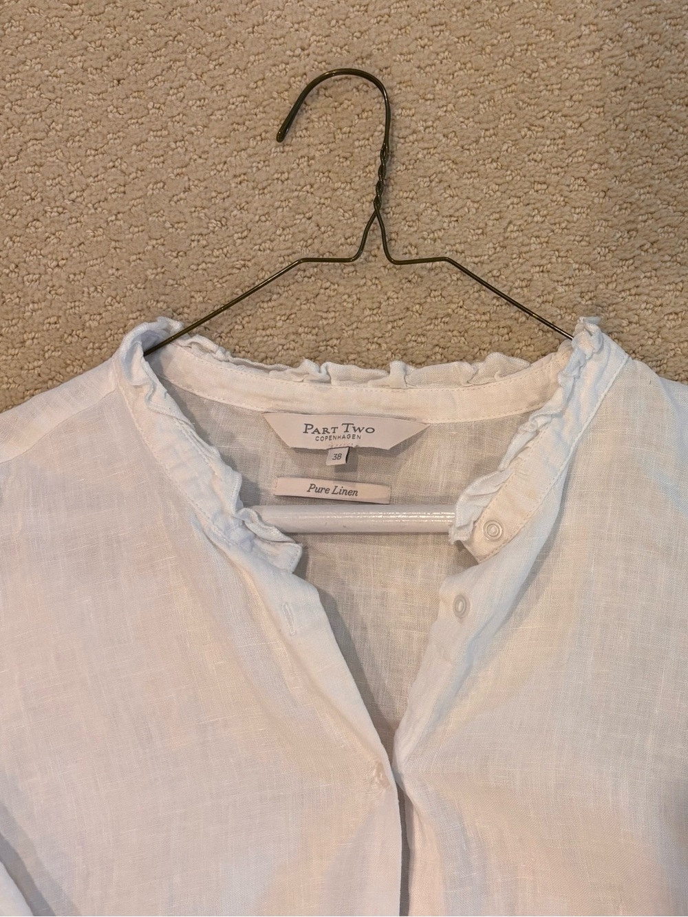 Part Two White Linen Button-Down Blouse with Ruffled Collar